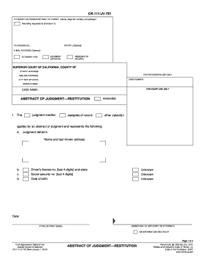  CR 111JV 791 ABSTRACT of JUDGMENT RESTITUTION Judicial Council Forms Courts Ca 2014