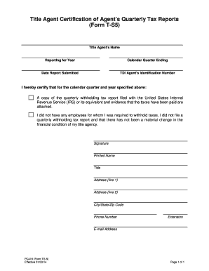  Title Agent Certification of Agent&#39;s Quarterly Tax Reports Form T S5 Tdi Texas 2014