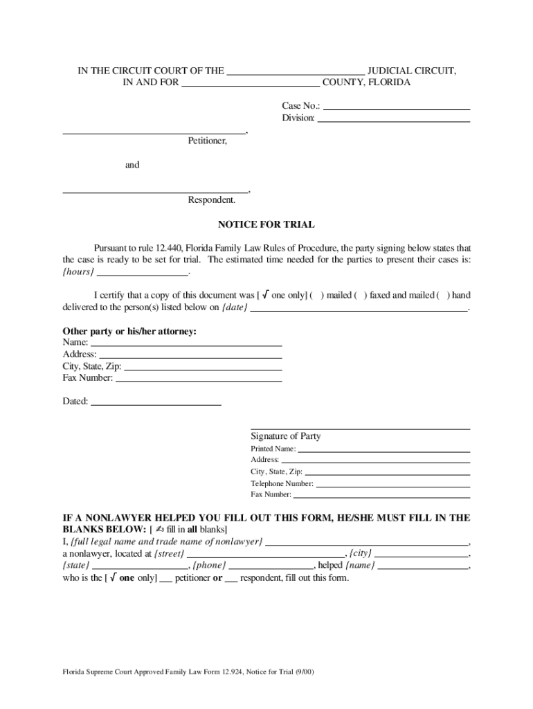  Notice of Readiness for Trial Florida 2000