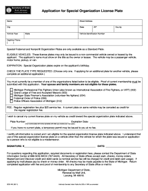  Application for Special Organization License Plates 2011