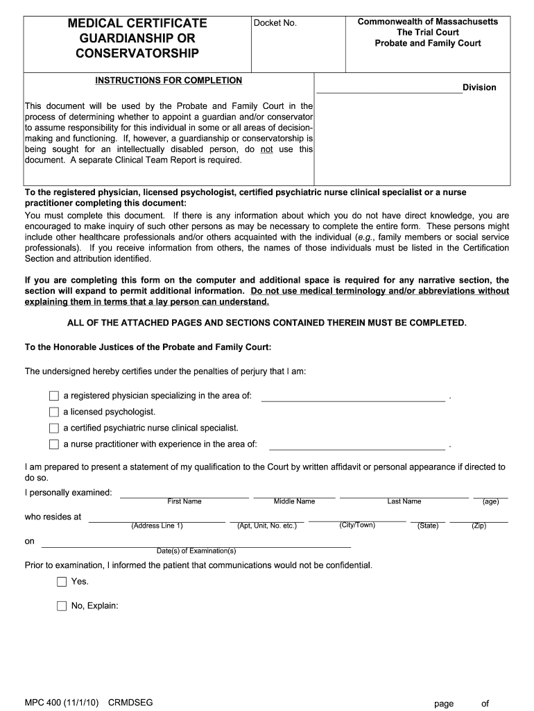  Massachusetts Guardianship Form 2010-2024