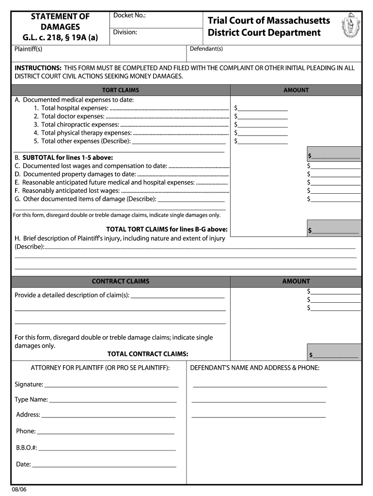 Massachusetts Statement of Damages  Form