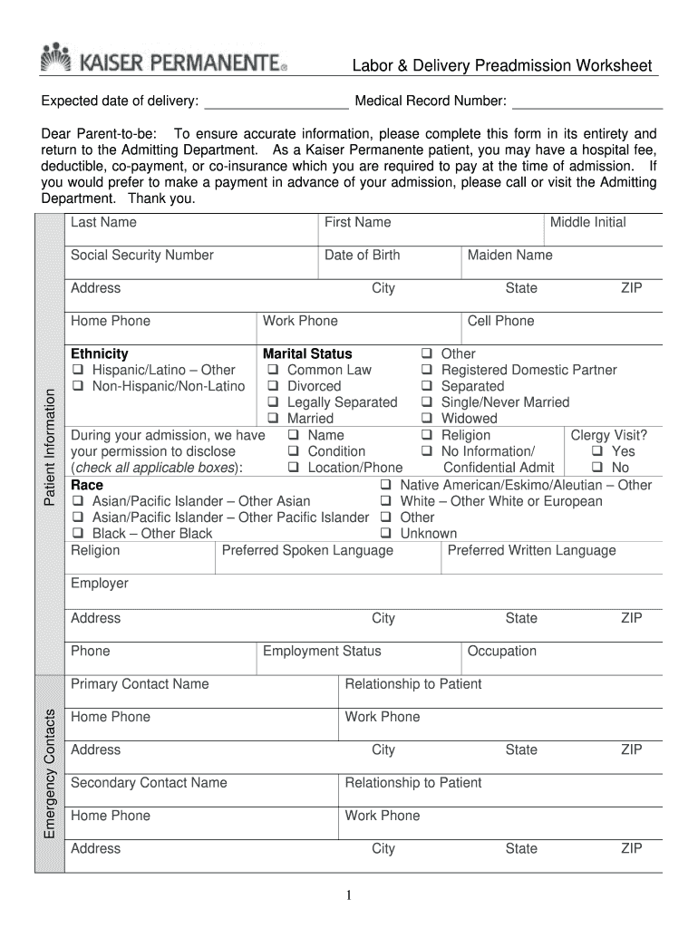 Kaiser Admission Worksheet Subscriber  Form