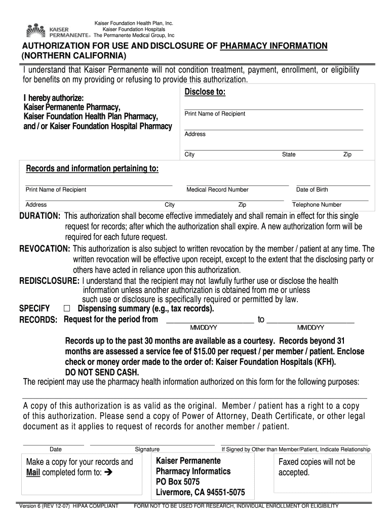  Ca Kaiser Authorization Form 2007-2024