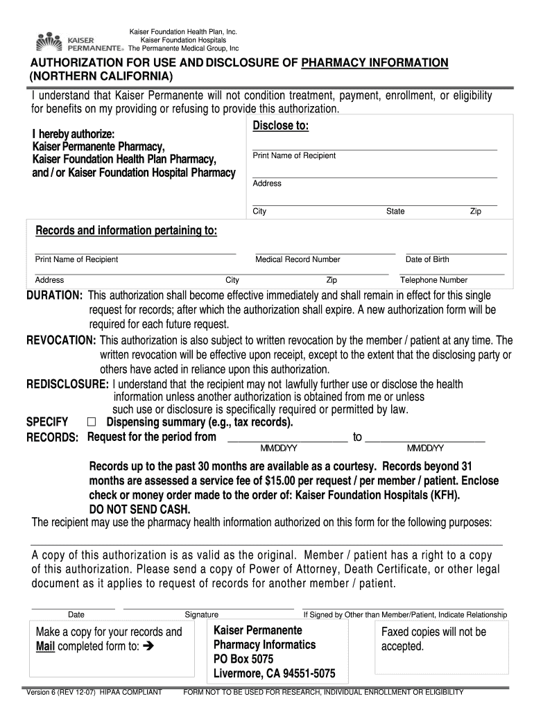 Kaiser Authorization Use 2007-2024 Form - Fill Out and Sign Printable ...