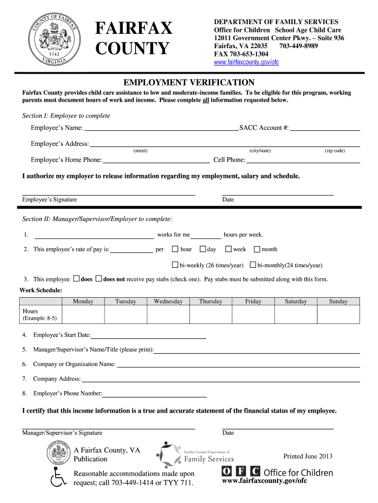 Verification of Employment Fairfax County Va  Form