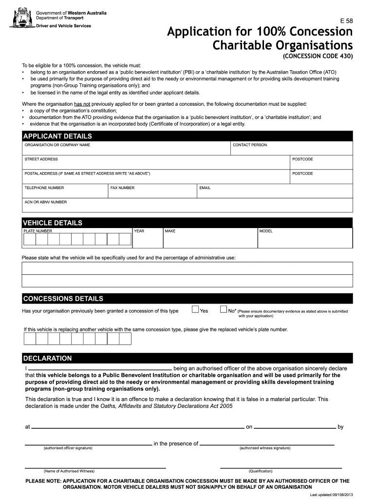  Application for 100% Concession Charitable Organisations E58 Transport Wa Gov 2013