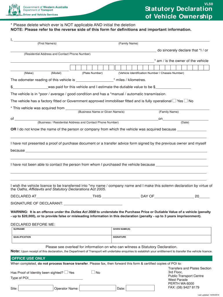 Statutory Declaration Form for Vehicle Ownership