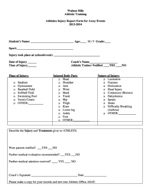 Walnut Hills Athletic Training Athletics Injury Report Form for Away