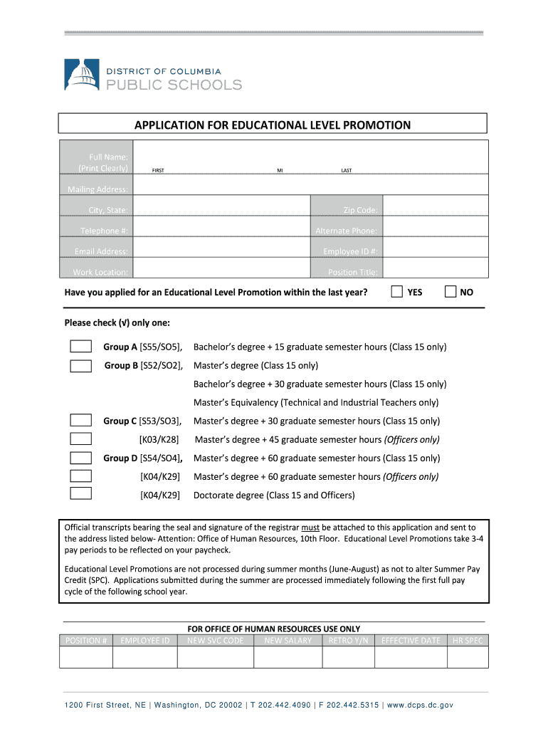 Educational Level Promotion Form  DC Public Schools