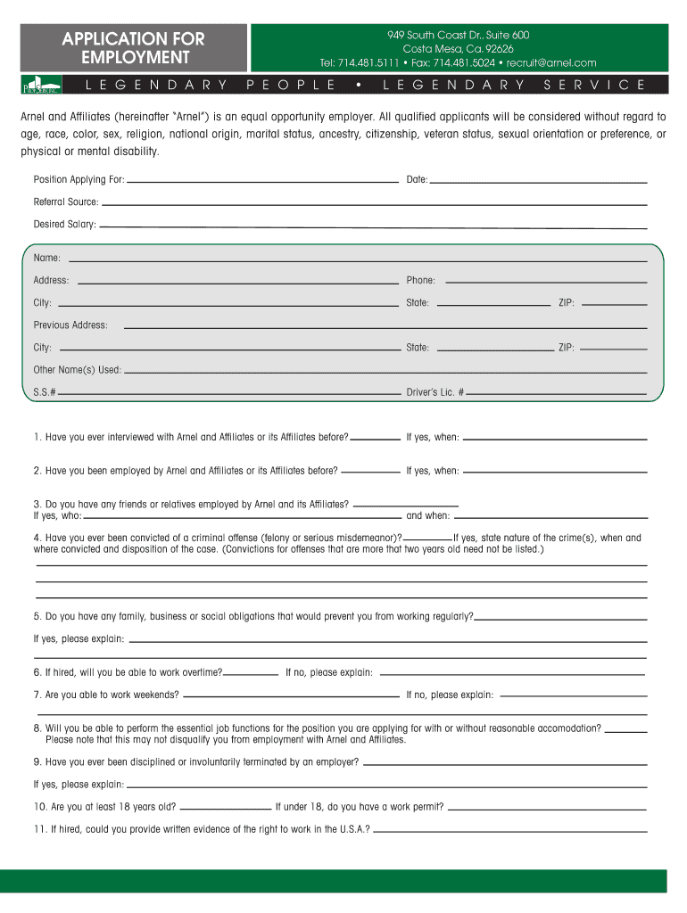 Download Employment Application HERE Arnel  Form