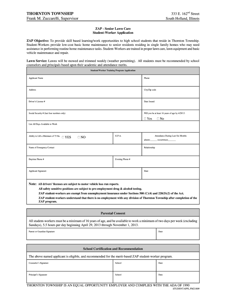 Thortnton Township Senior Lawn Care Program Form