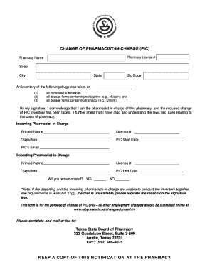 Change of Pharmacist in Charge Texas State Board of Pharmacy  Form
