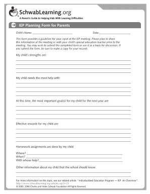 Iep Planning Sheet for Parents  Form