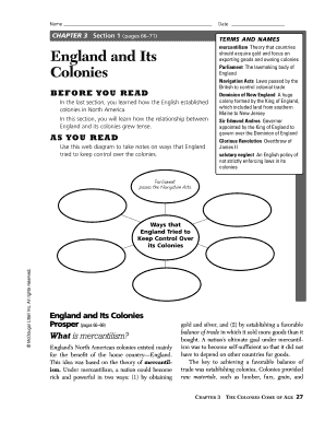 Chapter 3 Section 1 England and Its Colonies Worksheet Answer Key  Form