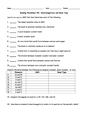 Bonding Worksheet 3 Electronegativity and Bond Type  Form