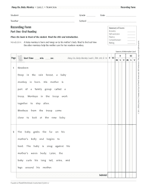 Hang on Baby Monkey Running Record  Form