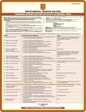 Kmtc Courses and Fee Structure  Form