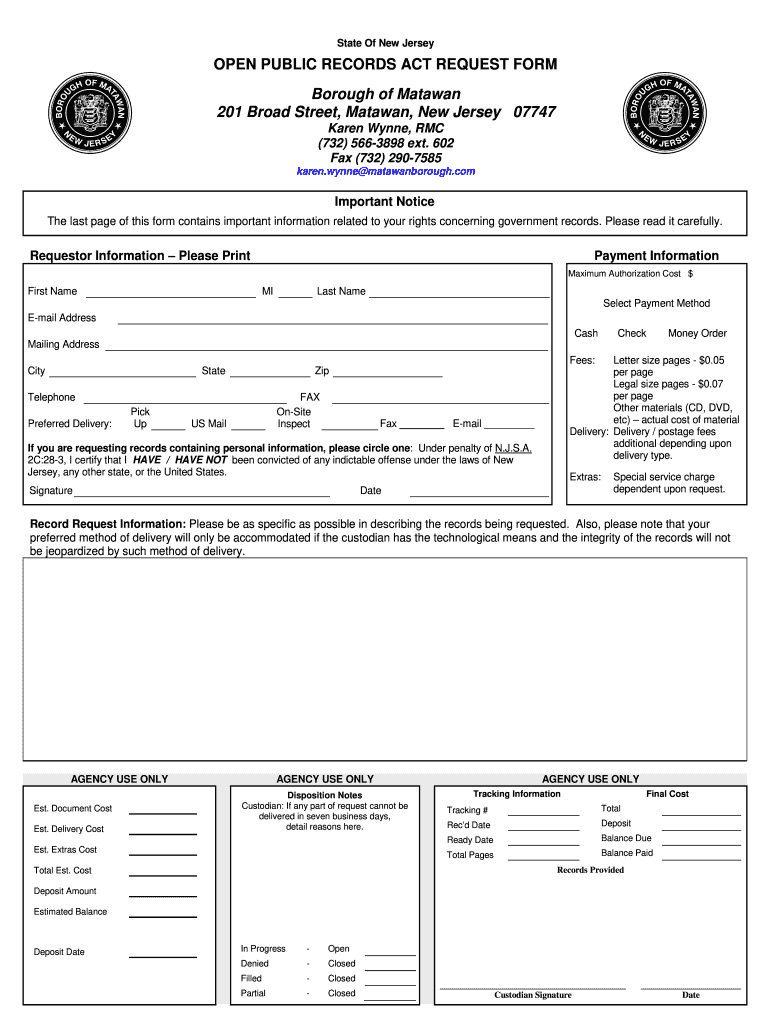 New Jersey Opra Request Form