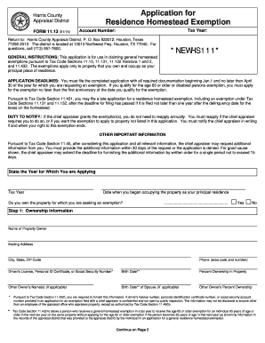 Harris County Application for Residence Homestead Exemption Form 1113 0114