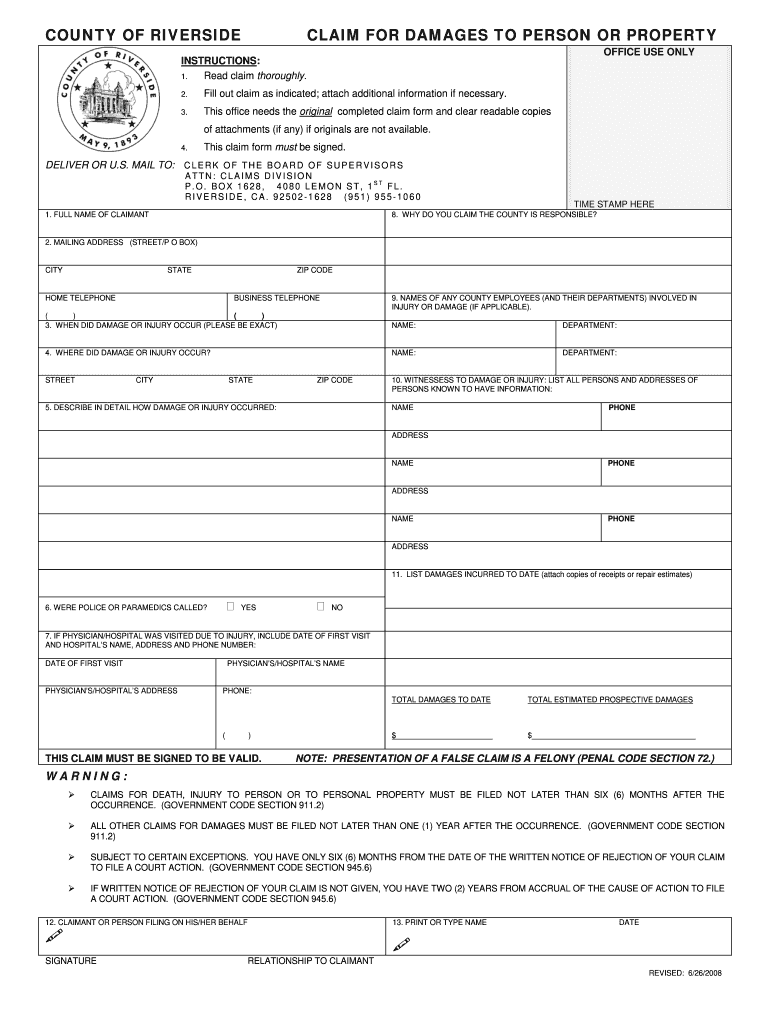  Claim for Damages Form Riverside County 2008-2024