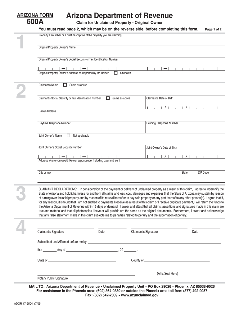 Get and Sign 600A Arizona Department of Revenue Unclaimed Money Search 2018-2022 Form