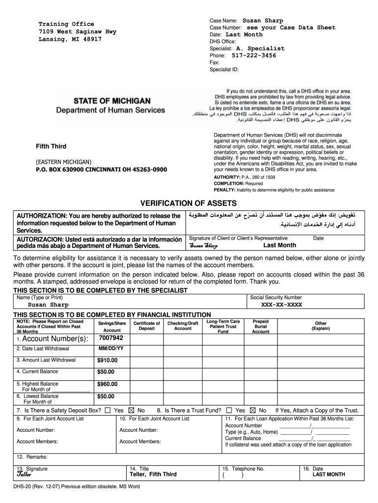 Dhs 20 Verification of Assets  Form