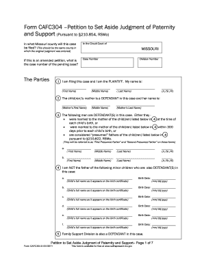 Form CAFC304 Petition to Set Aside Judgment of Paternity Courts Mo