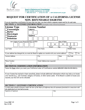 Certification Request California Board of Barbering and Cosmetology Barbercosmo Ca  Form