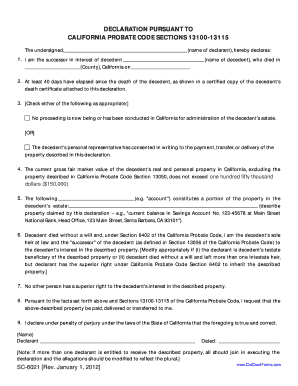  How to Filled Declaration Pursuant to California Probate Section 13100 13115 Form 2012