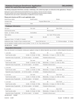 Humana Dental, Life, Vison Employee Application 1 19 09 PDF  Form