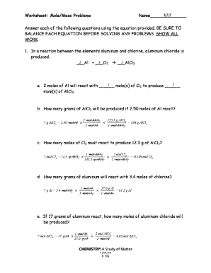 Mole Mass Problems Worksheet Answers  Form