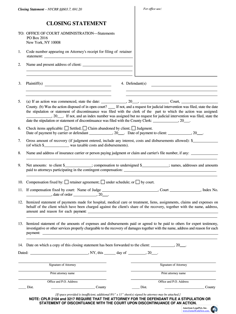 Single Home Closing Statement Example  Form