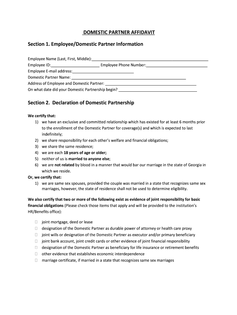 DOMESTIC PARTNER AFFIDAVIT Section 1 EmployeeDomestic Bb Gpc  Form