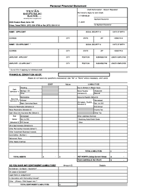 Personal Financial Statement Texas Republic Bank  Form