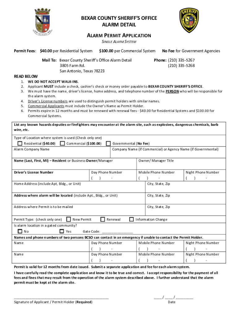 Bexar County Alarm Permit  Form
