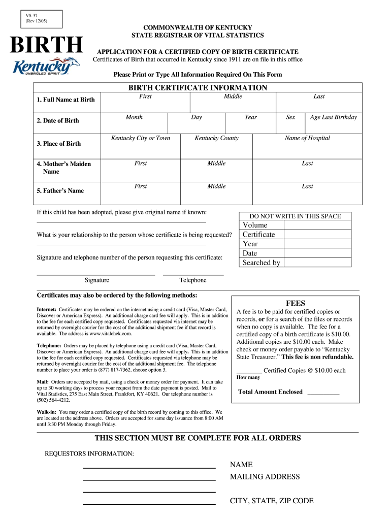  Kentucky Birth Certificate Application PDF Form 2005