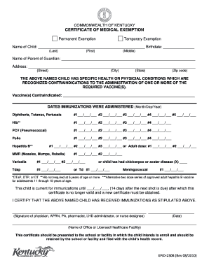 COMMONWEALTH of KENTUCKY CERTIFICATE of MEDICAL EXEMPTION  Form