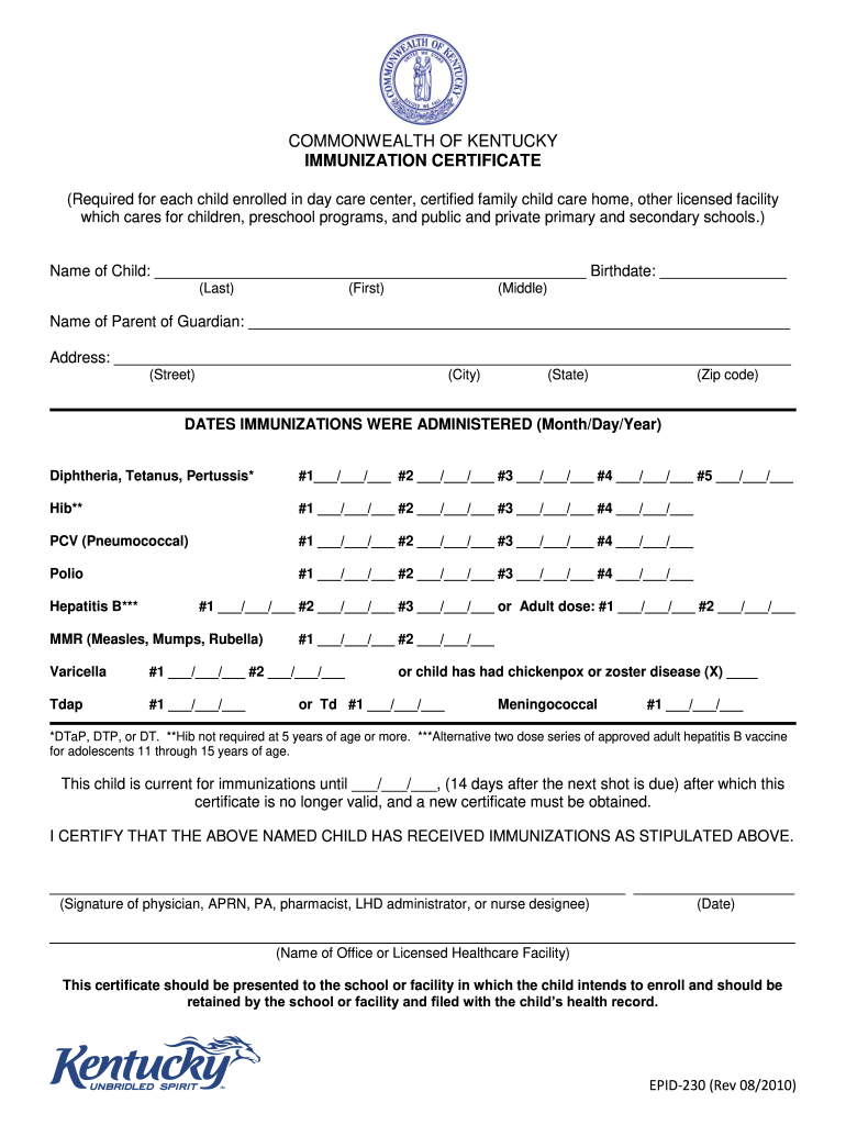 Get and Sign COMMONWEALTH of KENTUCKY IMMUNIZATION CERTIFICATE Beta Calloway Kyschools 2010 Form
