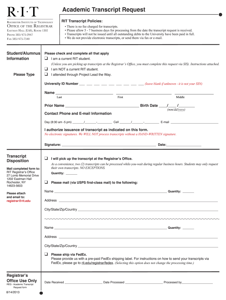  Rochester Institute of Technology Transcript Request 2013-2024