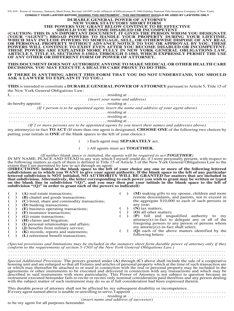 NY 019  Power of Attorney, Statutory Short Form, Revised 1l