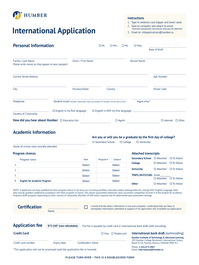 Humber College Acceptance Letter  Form