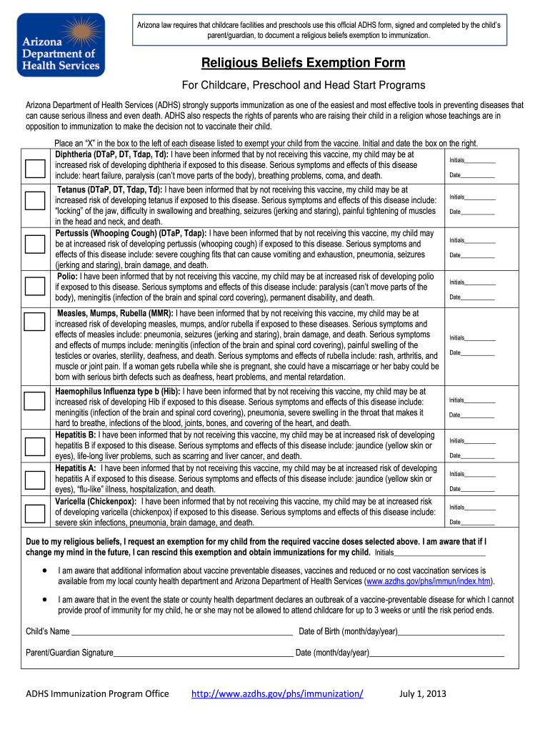  Religious Beliefs Exemption Form Arizona Department of Azdhs 2018-2024