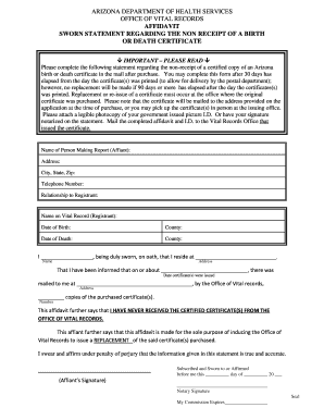 Affidavit of Non Receipt Arizona Department of Health Services Azdhs  Form