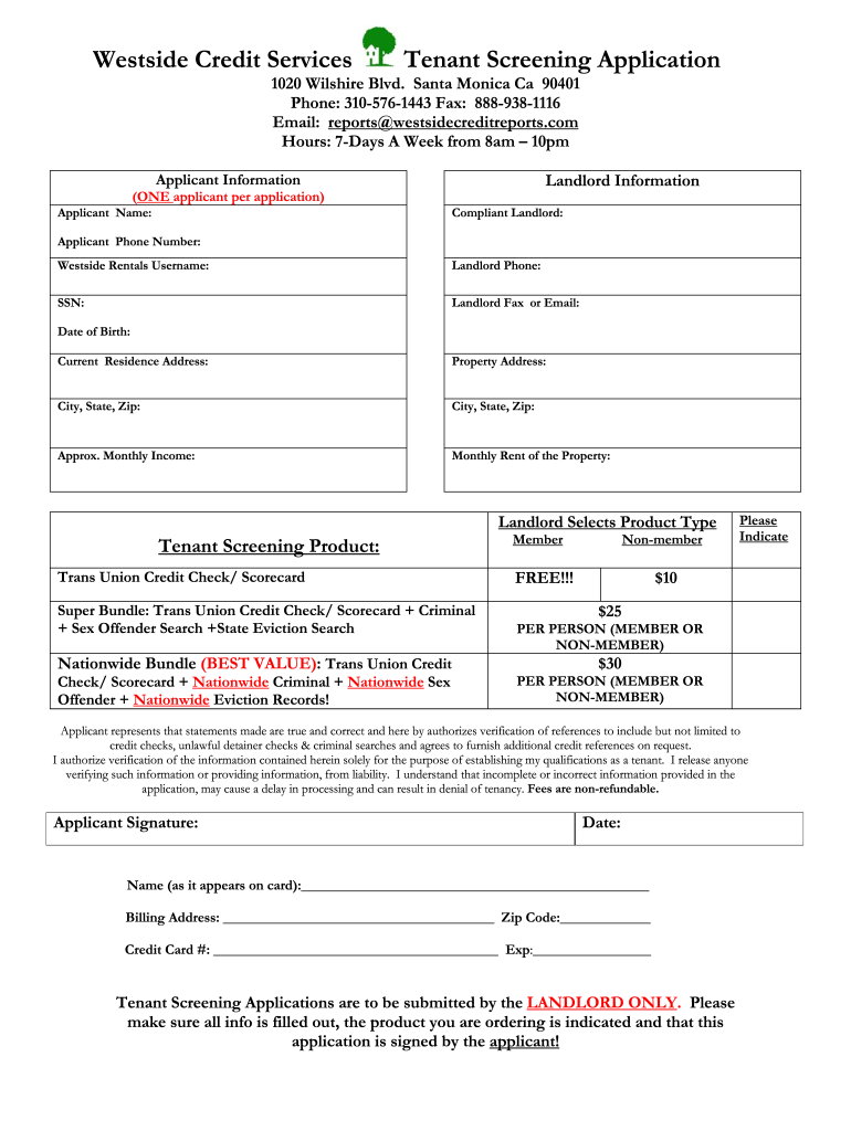 Tenant Credit Check Application  Form