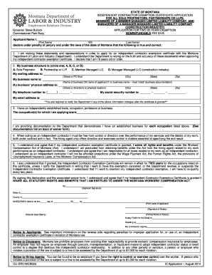  STATE of MONTANA INDEPENDENT CONTRACTOR EXEMPTION CERTIFICATE APPLICATION for ALL SOLE PROPRIETORS, PARTNERSHIPS or LLPS, MEMBER 2014-2024