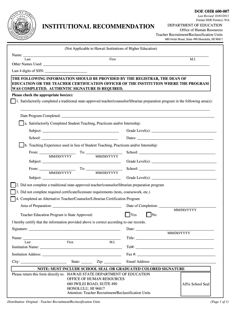 Hawaii Doe Ohr Forms 600 007 2011-2025