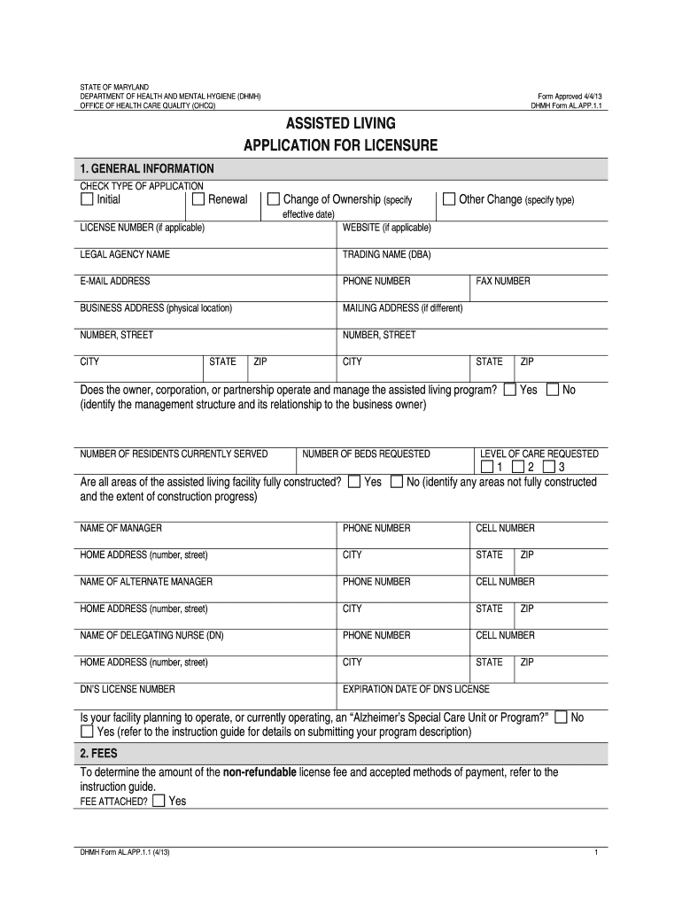 ASSISTED LIVING APPLICATION for LICENSURE  DHMH  Dhmh Maryland  Form