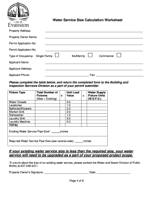 Water Service Size Calculation Worksheet  Form
