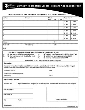 Burnaby Recreation Credit Program Application Form